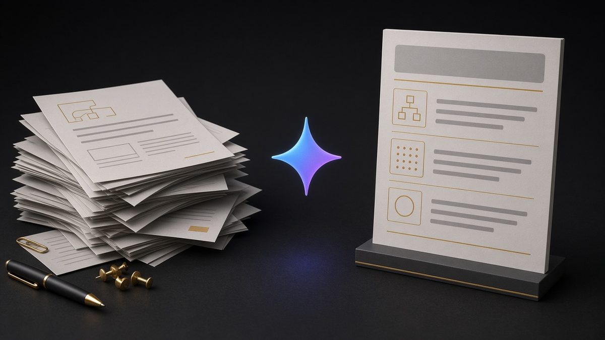 Conceptual illustration on a dark background: a loose stack of paper notes with a pen and gold pins on the left, a glowing blue-purple sparkle in the middle, and a structured outline document with three sections on a stand on the right.