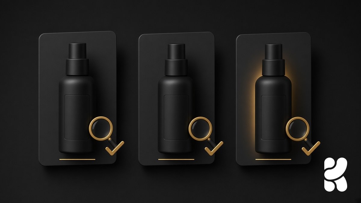 Conceptual illustration on a coal background: three identical matte black spray bottles with blank labels on dark charcoal cards, each with a gold magnifying glass and a gold tick, the third bottle edged with a soft gold glow. The official Krea logo mark, in white, sits in the bottom right corner.