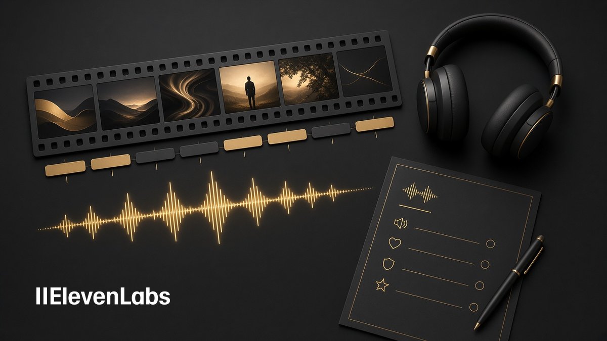 Conceptual illustration on a dark background: a film strip with gold markers below it, a glowing gold waveform, headphones, and a blank checklist with small icons beside a pen. The official ElevenLabs logo, in white, sits in the bottom left corner.